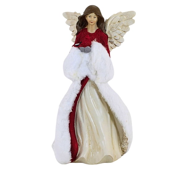 Transpac 11.00In Angel In Red Sweater Figurine, Polyresin, Wings Faux Fur Nature Y5410 Cardinal