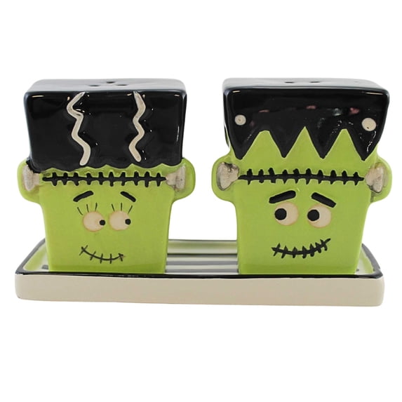 Transpac 2.75In Frankenstein & Bride Salt & Pepper, Dolomite, Plate Trick Or Treat Tho1450
