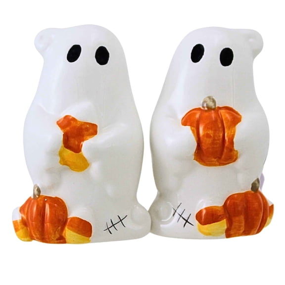 Transpac 3.00In Vintage Ghost Salt & Pepper Set, Dolomite, Whimsical Acorn Pumpkin Th02436