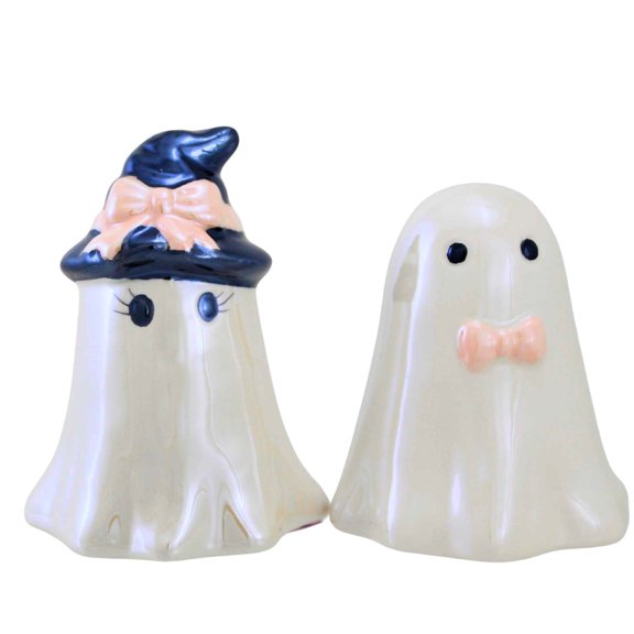 Transpac 3.50In Pearlized Bow Tie Ghost Salt & Pepper Set, Dolomite, Whimsical Shiny Th02567