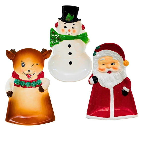 Transpac 8.00In Christmas Characters Tidbit Plates, Dolomite, Reindeer Snowman Santa Claus Tc03058
