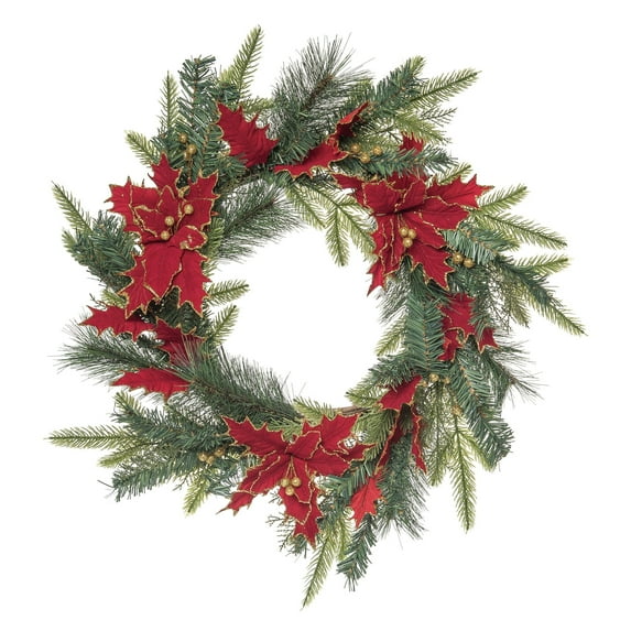 Transpac 24 Inch Green Christmas Gilded Poinsettia Wreath for Holiday Decor