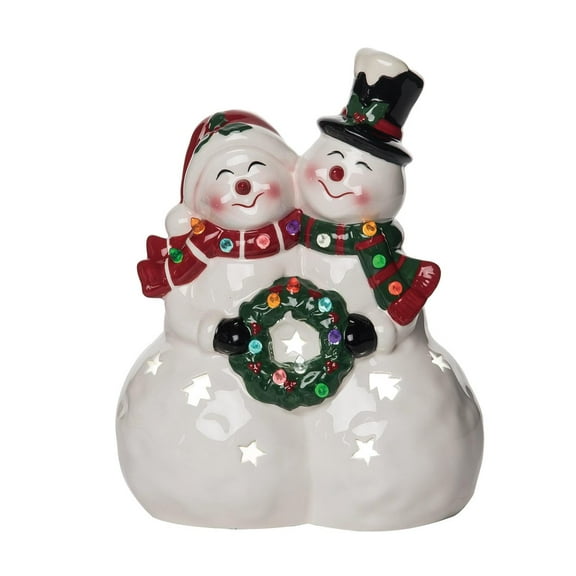 Transpac 10.25 in White Ceramic Christmas Light Up Snow Couple Decorative Object for Holiday Decor