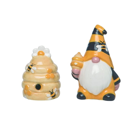 Transpac Ceramic Bee Gnome and Beehive Salt Pepper Shakers, 4 Inch, yellow, black, white