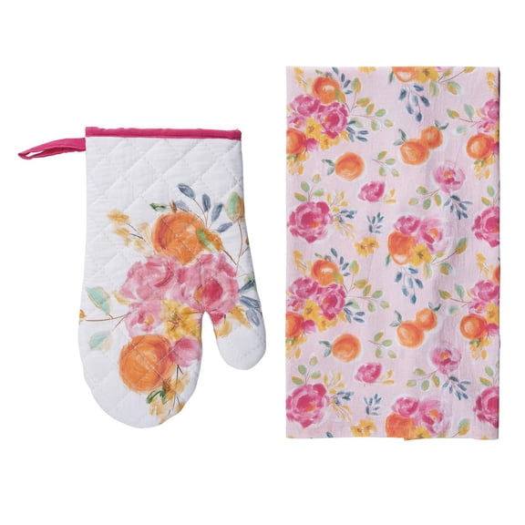 Transpac Cotton Floral Mitt and Tea Towel Set 10 in. Kitchen Textiles Set of 2 for Home Cooking and Baking