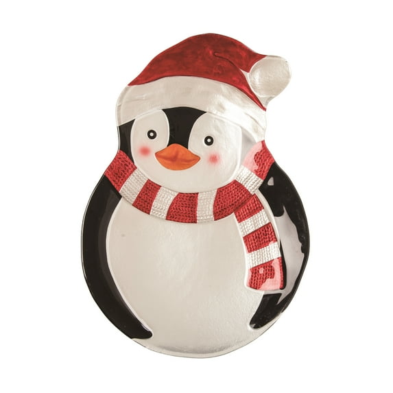 Transpac 15.16 in Multicolor Christmas Penguin Glass Platter Perfect for Holiday Serving and Festive Decor