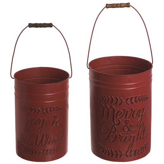Transpac Set of 2 Red Metal Christmas Buckets 14 in Deep Rustic Decorative Holiday Decor