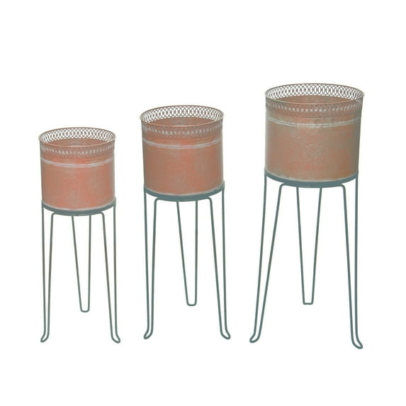 Transpac Metal 28.5 in. Sand Spring Diecut Planters with Drainage Hole and Stand Set of 3