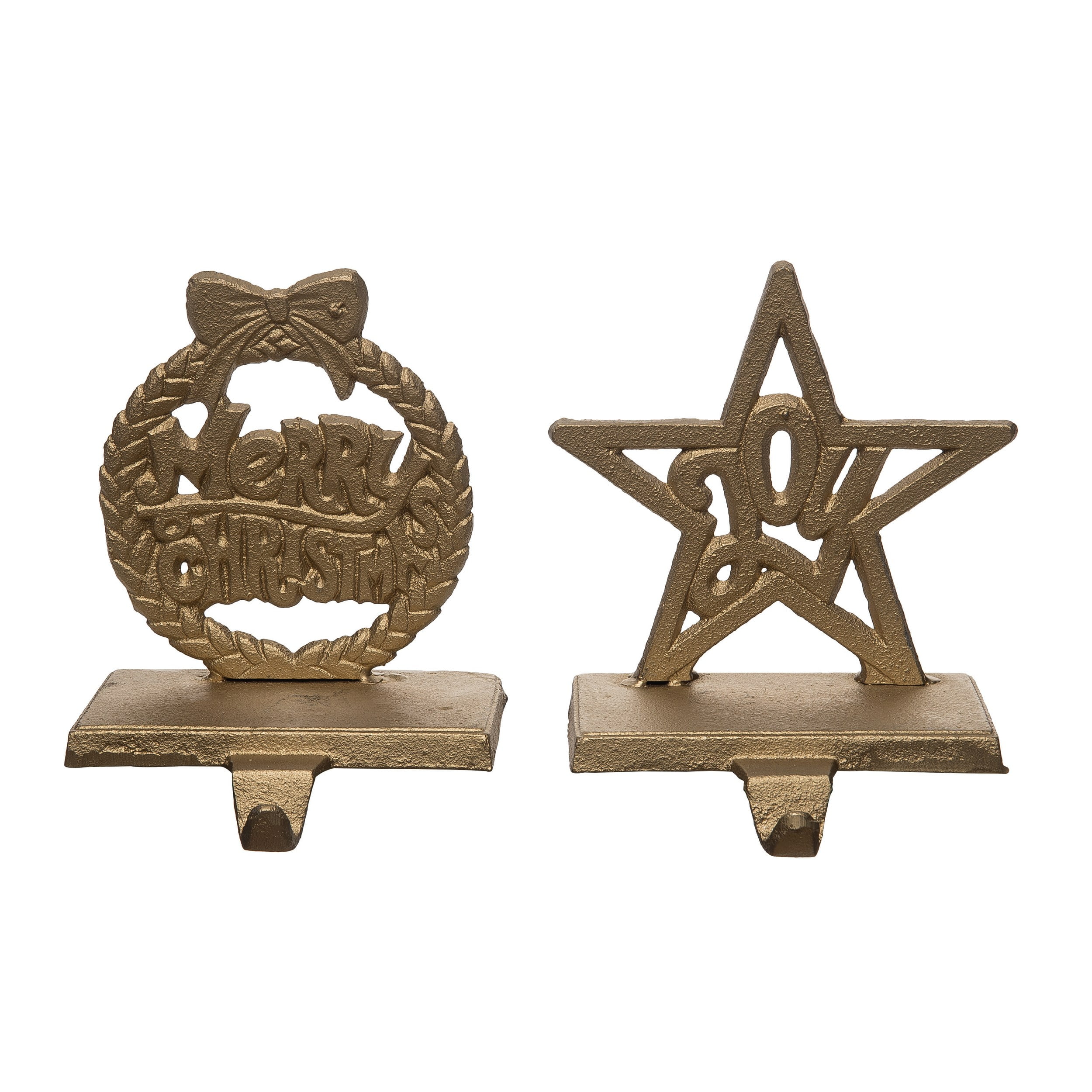 Gold Metal Christmas Merry and Joy Stocking Hanger Set