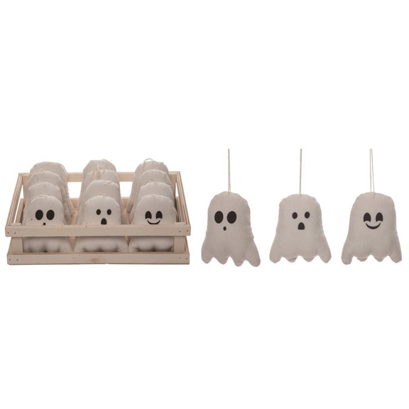 Transpac 5.5 in White Halloween Plush Ghosts in Crate Set of 12 Decorative Objects for Festive Home Decor