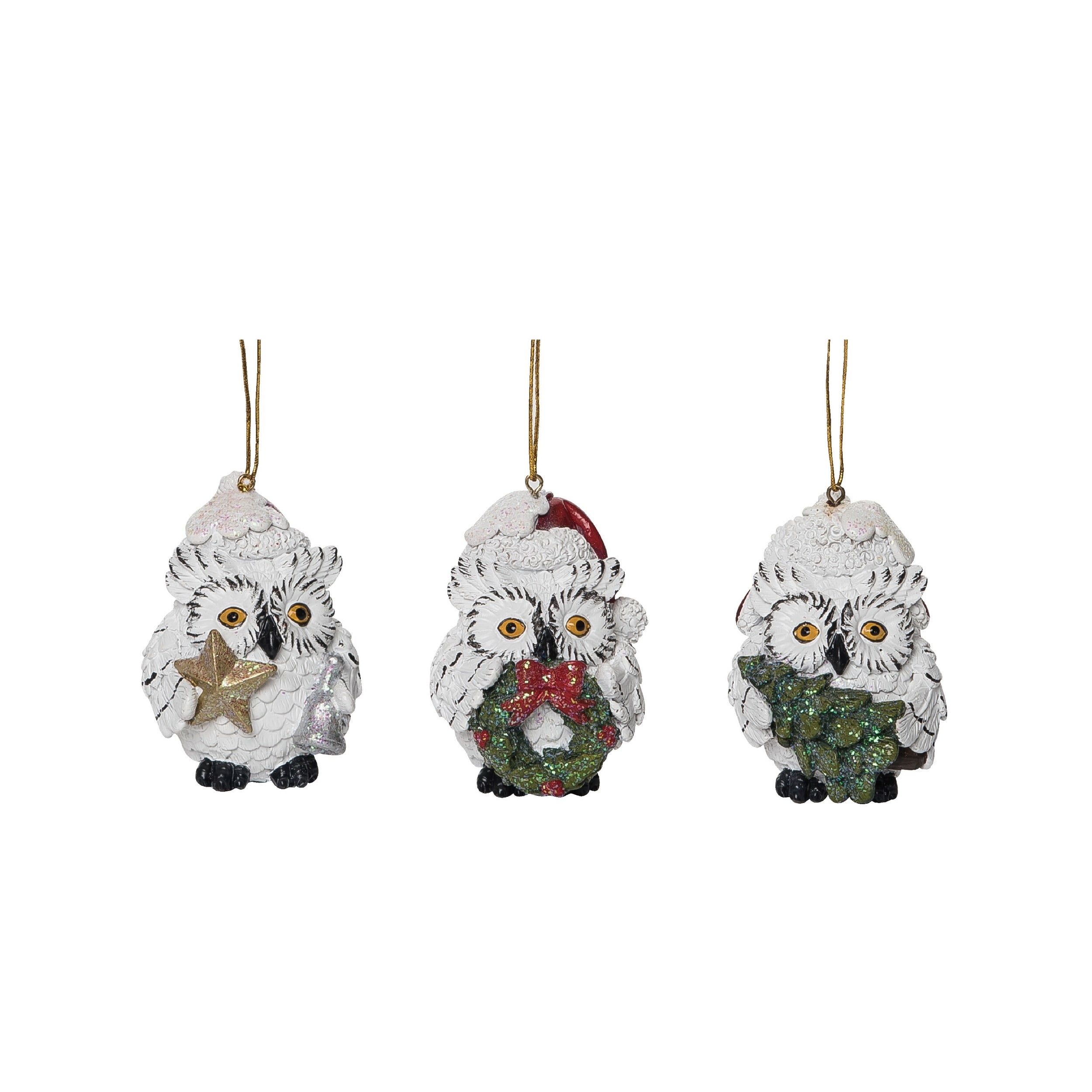Rustic Woodland Owl Christmas Ornament Set in Multicolor Resin