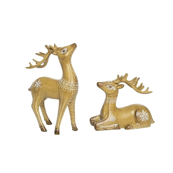 Transpac 10.5 in Brown Resin Christmas Holiday Floral Reindeer Decor Set of 2 Decorative Objects
