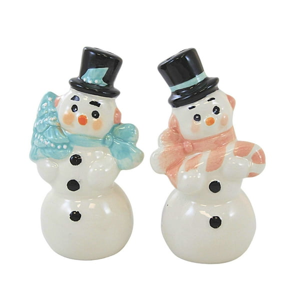 Transpac Retro-Looking Snowman Salt And Pepper Set - One Set Of Salt And Pepper Shakers 4.0 Inch, Dolomite - Christmas Pastel Tree Candy Cane Tc01977