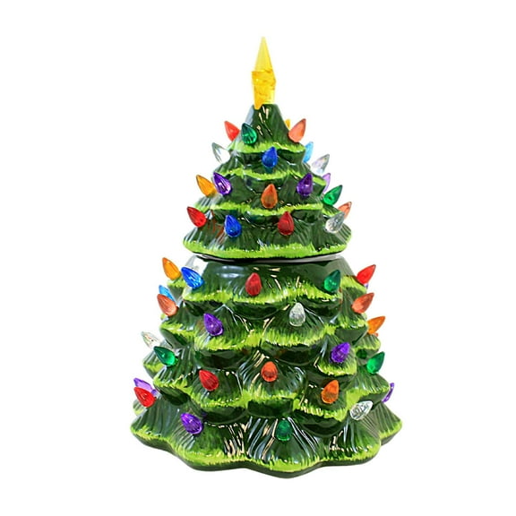 Transpac Retro-Looking Tree Cookie Jar - One Cookie Jar Inch, Dolomite - Lighted Green Christmas Tree Storage Tc01602