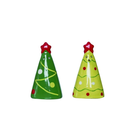 Transpac TC01944 Abstract Christmas Tree Holiday Green And Red 3 x 2 Ceramic Holiday Salt And Pepper Shaker Set