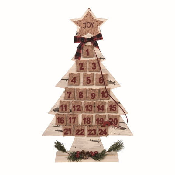 Transpac 23.25 in Multicolor Christmas Joy Holly Advent Tree Wood Advent Calendar for Holiday Cheer