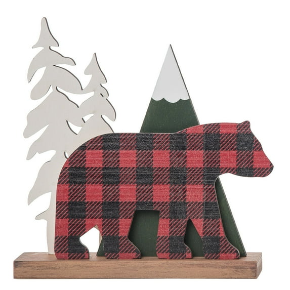 Transpac 7.95 in Multicolored Christmas Cabin Tartan Bear with Mountains Decorative Wood Object for Holiday Decor