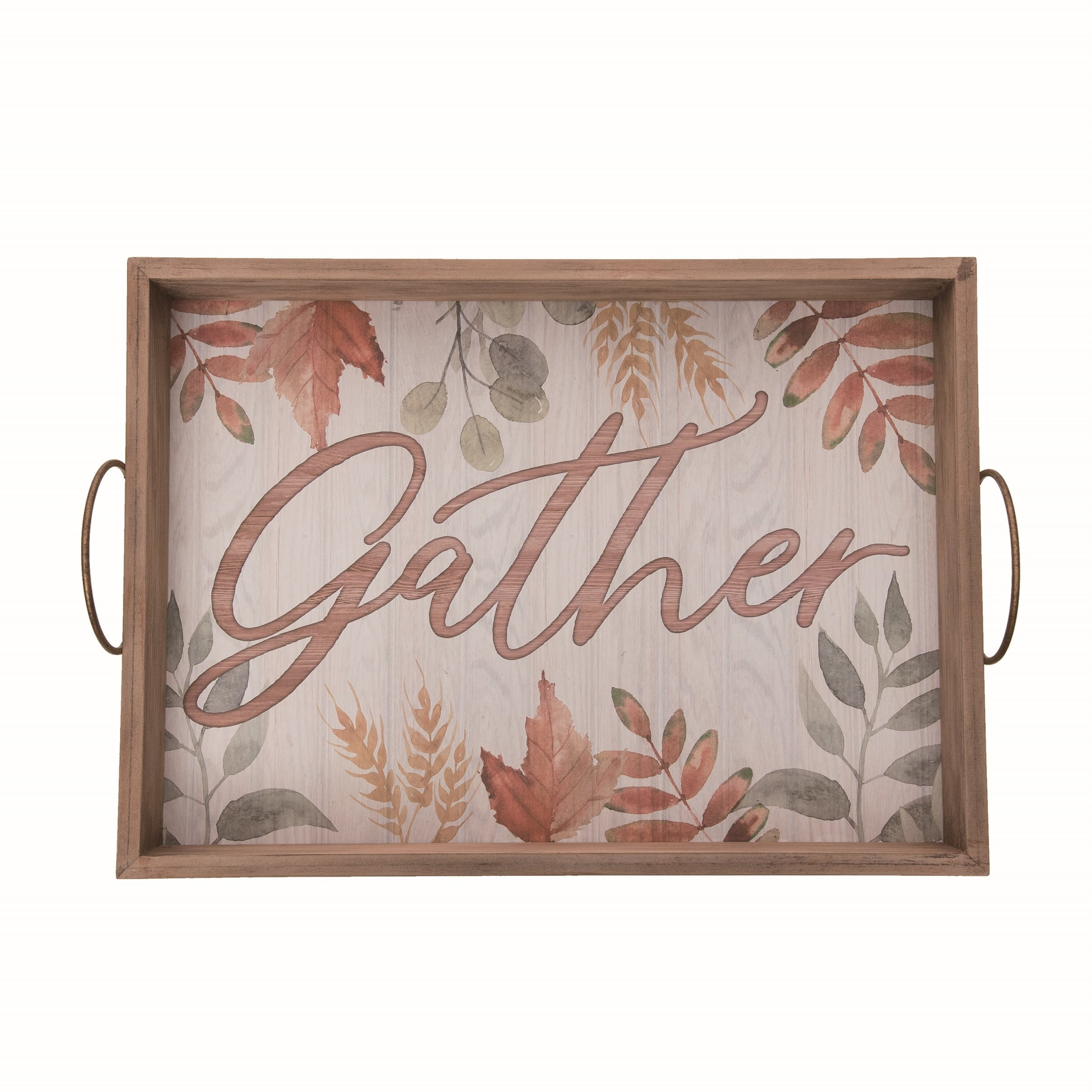 Wooden Autumn Leaves Gather Serving Tray with Metal Handles