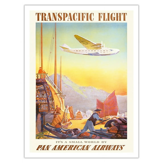 Transpacific Flight - It’s A Small World - Vintage Airline Travel Poster by Paul George Lawler c. 1940s - Bamboo Fine Art 290gsm Paper Print (Unframed) 24x32in