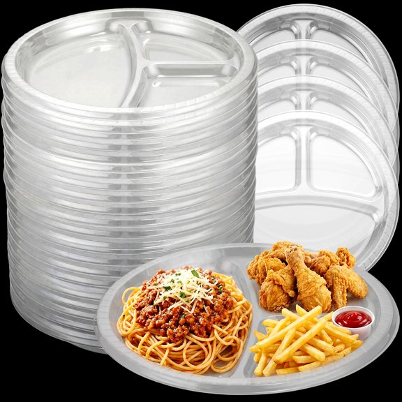 Transparent 10 Inch 3-Compartment Disposable Plastic Round Dinner Plates