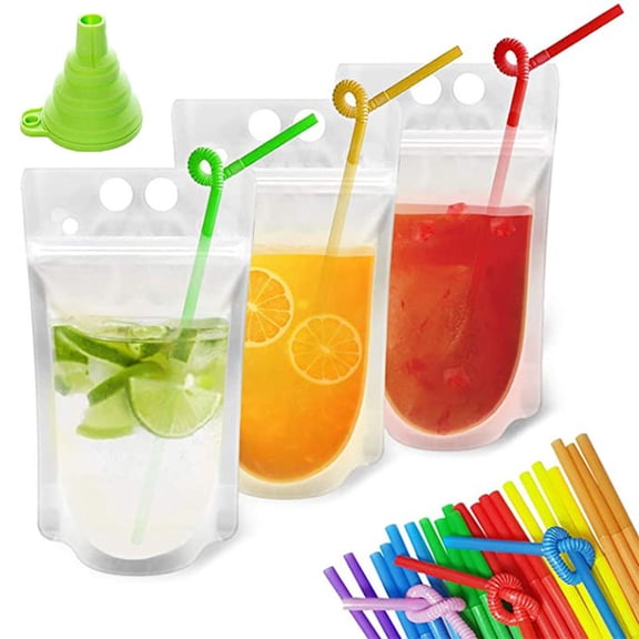 Transparent 16Oz Self-Sealing Beverage Storage Bags, Leakproof For Cold/Hot Drinks Smoothies Milkshakes Juice, Including 100 Bags 100 Straws 1 Funnel Disposable For Party Picnic