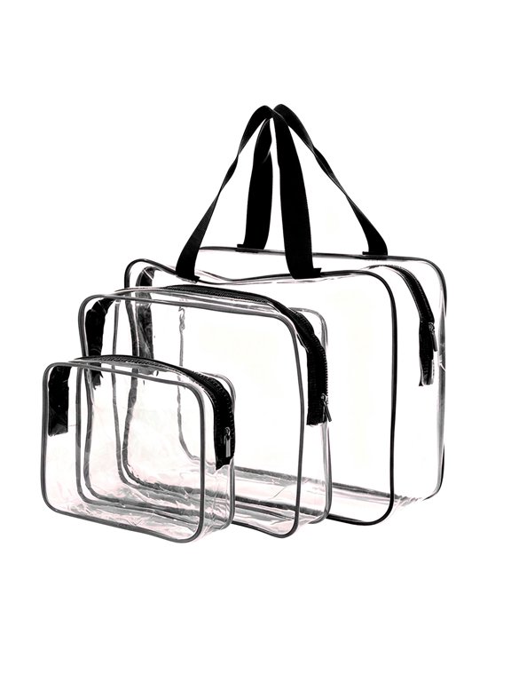 Transparent 3 Piece Makeup Bag Set, Zipper Toiletry Organizer, Portable Travel Storage Pouches, Large Capacity Cosmetic Bags, Foldable Beauty Accessories Organizer for Gym Trip,Black 3PC