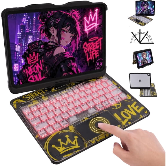 Transparent 360° Swivel Keyboard Case for iPad Air 11", iPad Air 5/4, iPad Pro 11" 2018-2022, Multi-Touch Trackpad, 7 Color Backlit,Black