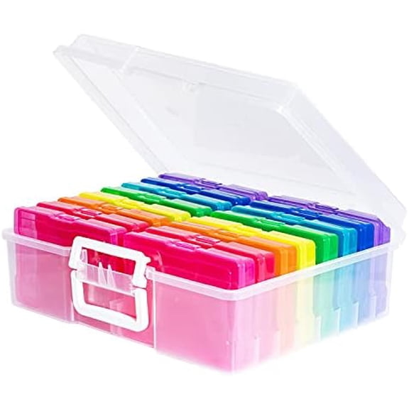 Transparent 4" x 6" Photo Cases and Clear Craft Keeper with Handle, 16 Inner Photo Organizers & Photo Storage Box, Plastic Photo Storage Containers (Multi-colored)