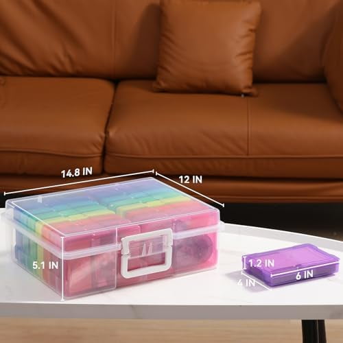 Transparent 4" x 6" Photo Cases and Clear Craft Keeper with Handle, 16 Inner Photo Organizers & Photo Storage Box, Plastic Photo Storage Containers (Multi-colored)