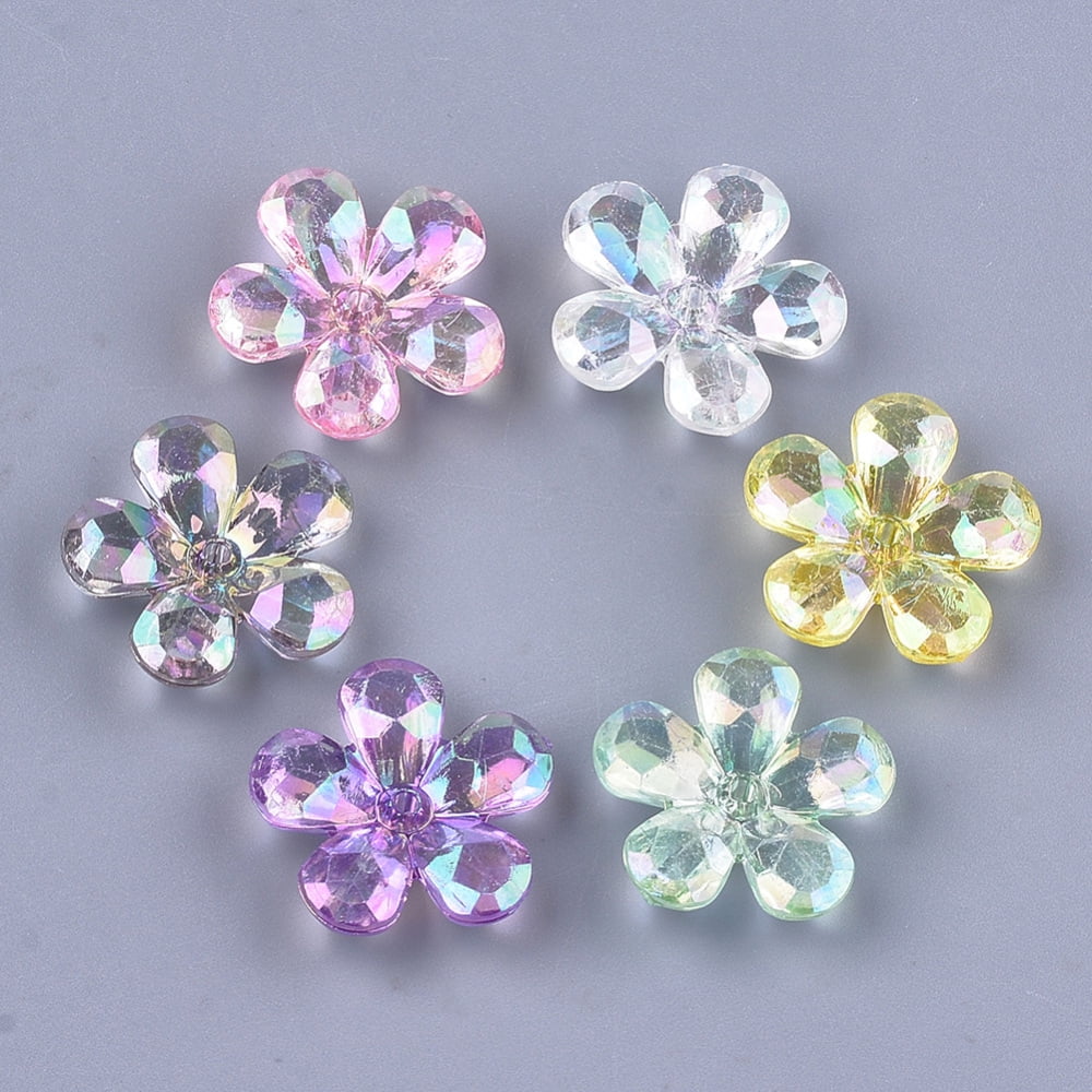 Transparent Acrylic Bead Caps AB Color Faceted 5-Petal Flower Mixed Color 23x22x7mm Hole: 1.8mm about 380pcs/500g