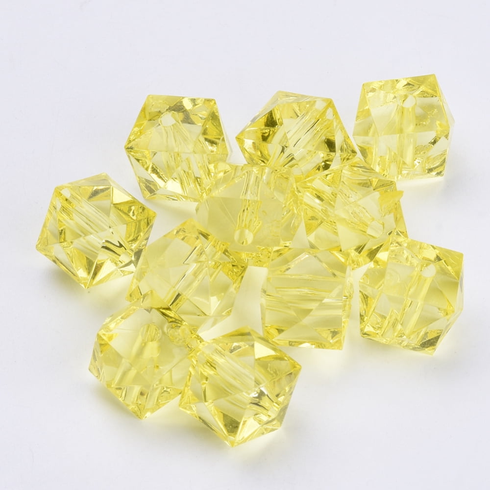 Transparent Acrylic Beads Faceted Cube Yellow 10x10x8mm Hole: 1.5mm about 900pcs/500g
