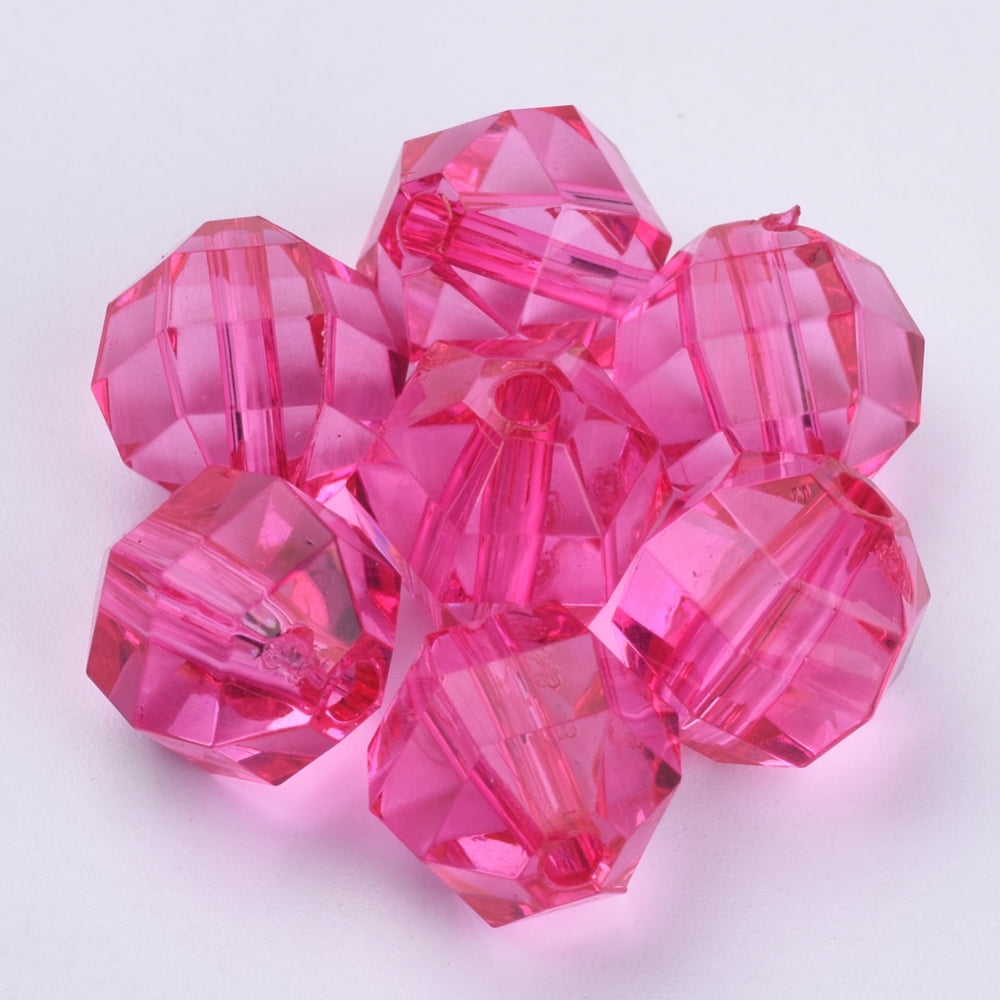 Transparent Acrylic Beads Faceted Round Hot Pink 20x20mm Hole: 2.9mm about 114pcs/500g