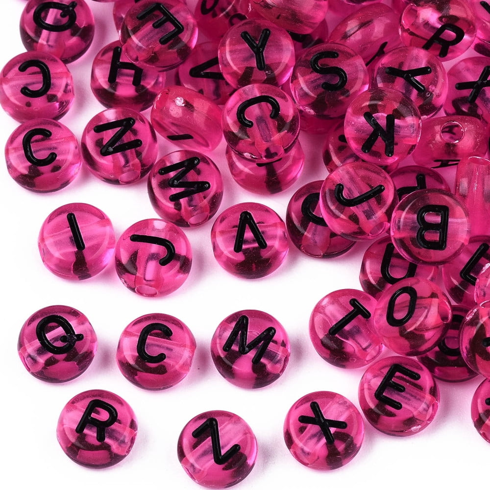 Transparent Acrylic Beads Horizontal Hole Flat Round with Black Random Letter Camellia 7x4mm Hole: 1.8mm 3600~3700pcs/500g