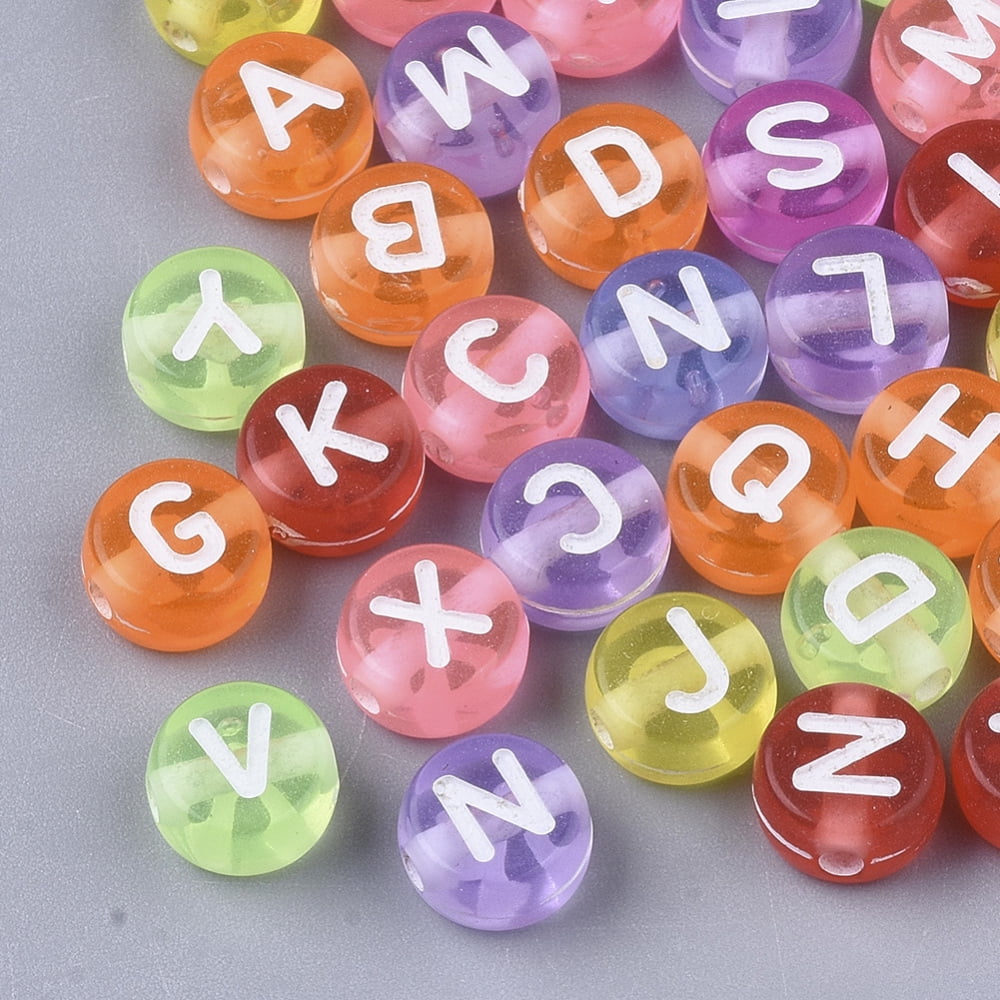 Transparent Acrylic Beads Horizontal Hole Flat Round with Random Initial Letter Mixed color 7x4mm Hole: 1.5mm about 3830pcs/500g