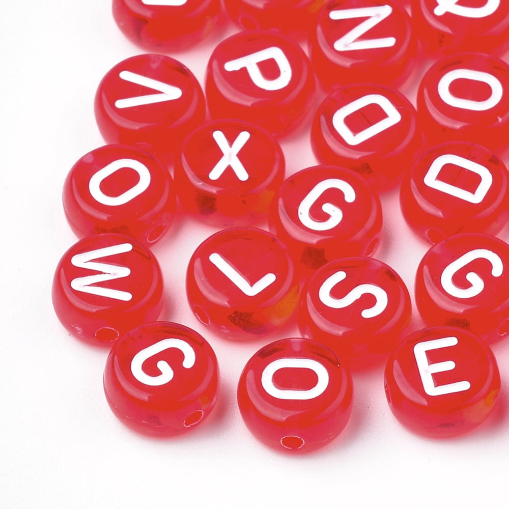 Transparent Acrylic Beads Horizontal Hole Mixed Letters Flat Round Red 7x4mm Hole: 1.5mm about 3700pcs/500g