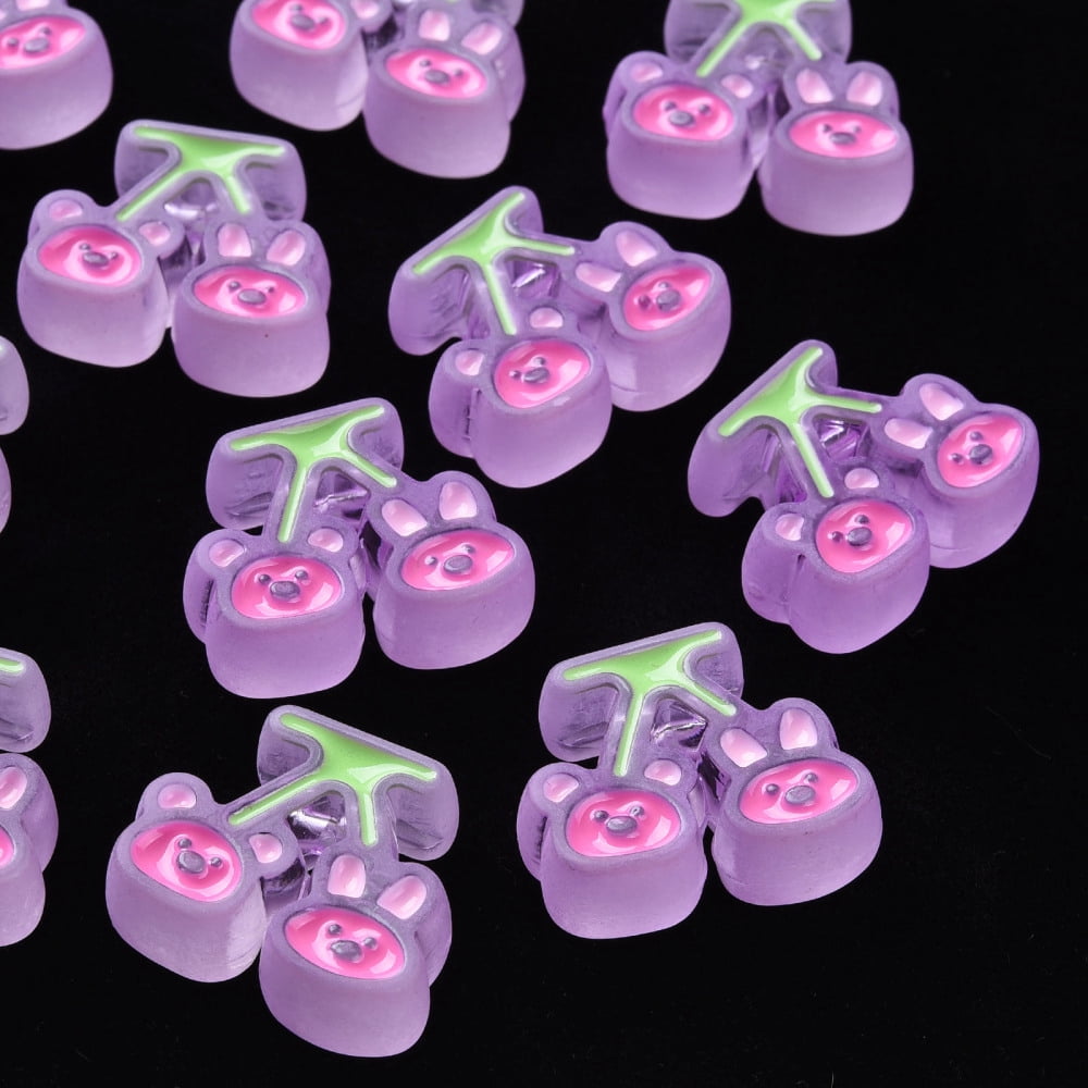 Transparent Acrylic Beads with Enamel Frosted Cherry with Bear Rabbit Plum 22.5x26x9mm Hole: 3mm