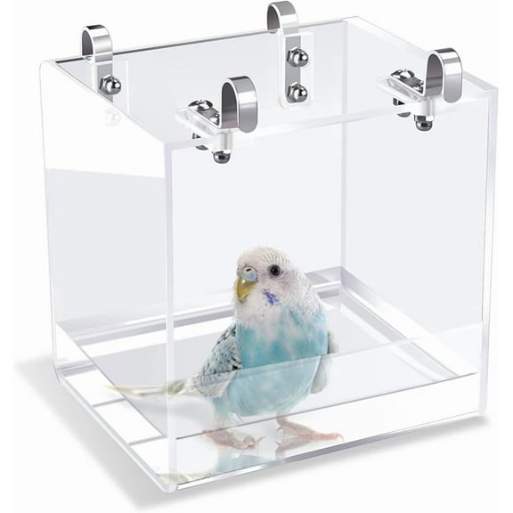 Transparent Acrylic Bird Bath Box with Hook,Thickened Hanging Water Bath Tub Bird Supplies Shower Cage Accessory for Parrot Cockatiel Parakeet Small