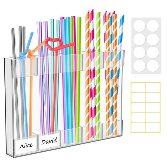 Fvkrnyz 9.5” Acrylic Straw Holder for Cabinet Door with Ultra Stickers and Notepaper Reusable 5 Compartmental Tumbler Straw Organizer for Kitchen Counter(Transparent)