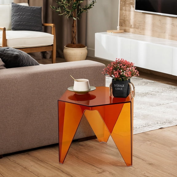 Transparent Amber Acrylic End Table, Modern Hexagon Accent Side Table, Waterproof & Sturdy for Living Room, Bedroom & Bathroom