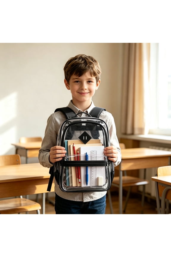 Transparent Backpack Heavy Duty See-Through Daypack With Adjustable Shoulder Straps & Mesh Side Pockets Clear Bag For Travel Sports(Black-44Cm)