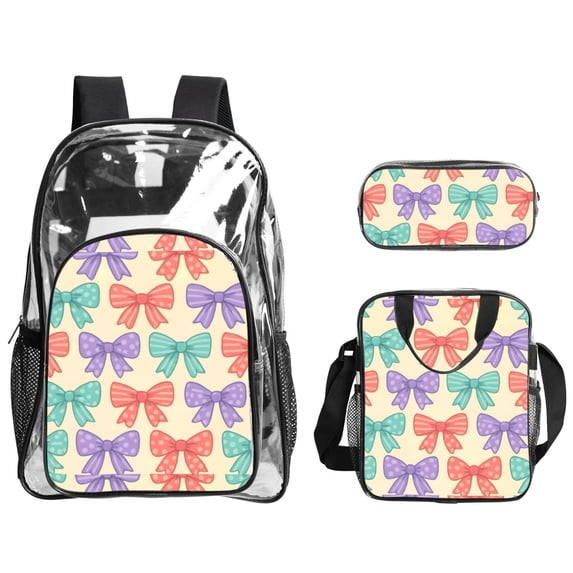 Transparent Backpack Meal Bag Three-Piece Set With Convenient Access Backpack Meal Bag Equipped With Two Net Pockets For Work Travel Sports Whimsical Polka Dot And Striped Ribbon Bow Pattern