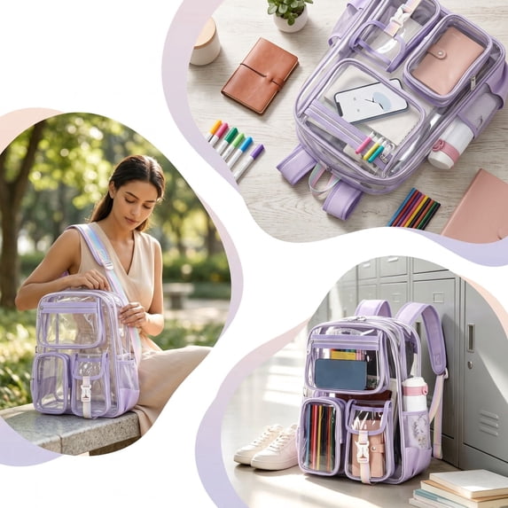 Transparent Backpack for Women Men, Clear PVC Bookbag Stadium Approved Heavy Duty School Bag with Reinforced Shoulder Straps - Spacious Travel Daypack for Students Teens Adults, Concert, Work, Purple
