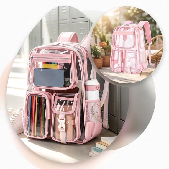 Transparent Backpack for Women Men, Clear PVC Bookbag Stadium Approved Heavy Duty School Bag with Reinforced Shoulder Straps - Spacious Travel Daypack for Students Teens Adults, Concert, Work, Pink
