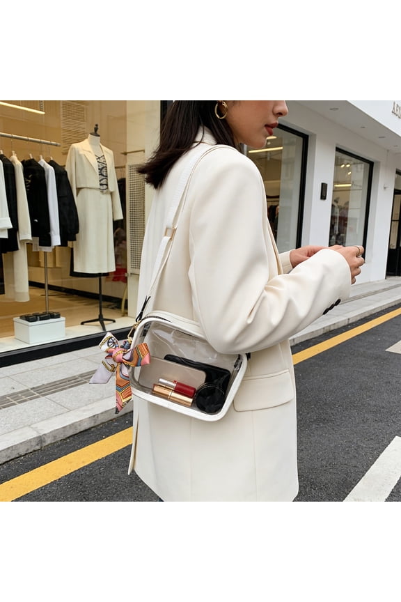 Transparent Bag, Crossbody Bag, Small Square Bag, Adjustable Wide Strap, PVC Material, Travel and Security Check Ready, White, Packaging Included