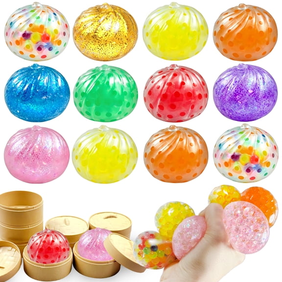 Transparent Bead Baozi Squish Mystery Blind Box, Sparkling Powder Water Droplet Squeeze Stress Relief Toy with Steamer Box, Dual‑Mode Collectible Sensory Fidget Toy With Hidden Chase Option
