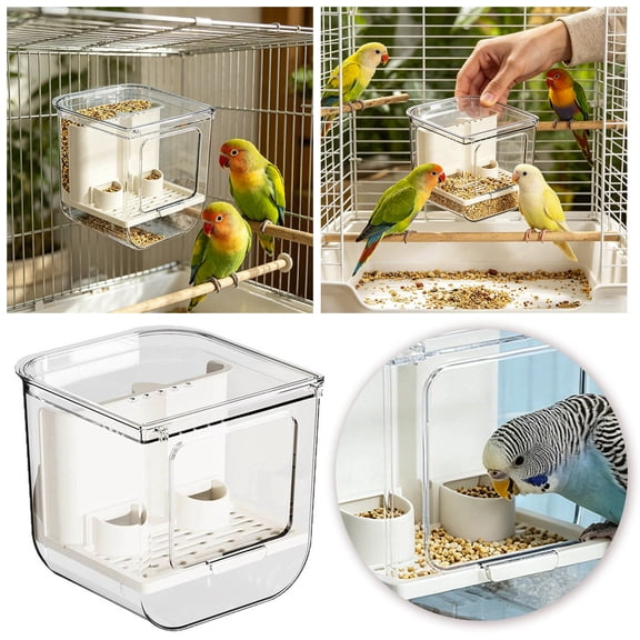Transparent Bird Feeder Cage Mounted Container with Easy Fill Design No-Mess Parrot Feeding Station Cage Accessories for Budgies Parakeets and Small Birds