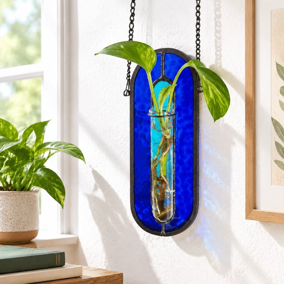 Transparent Blue Stained Glpropagation Station - Handcrafted Suncatcher Hanging Planter With 2 Tubes Multi-color Hydroponic Wall