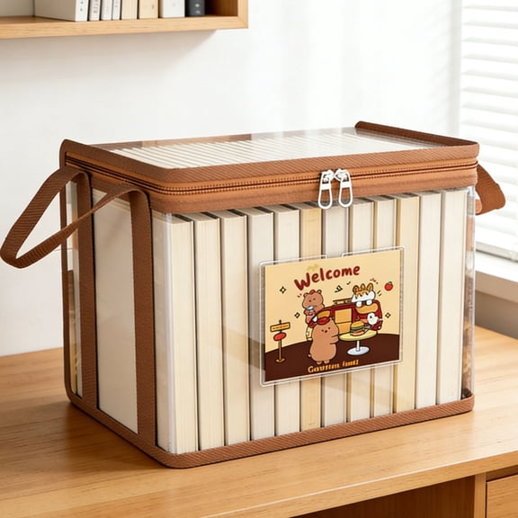 Transparent Book Storage Box, 14.56" x 9.05" x 12.4" Foldable Dustproof Book Organizer Bin with Lid for Classroom Home Office, Heavy Duty Clear Plastic Container for Old Books Student Desk