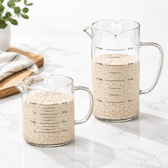 Transparent Borosilicate Glass Measuring Cups, 2 Set (16.9oz & 33.8oz, Sourdough Starter Fermentation Jars
