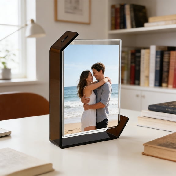 Transparent Brown Acrylic L Shaped Desktop Picture Frame, Modern Photo Frame for 4x6 5x7 Photos, Tabletop Display Holder for Home Office Decor